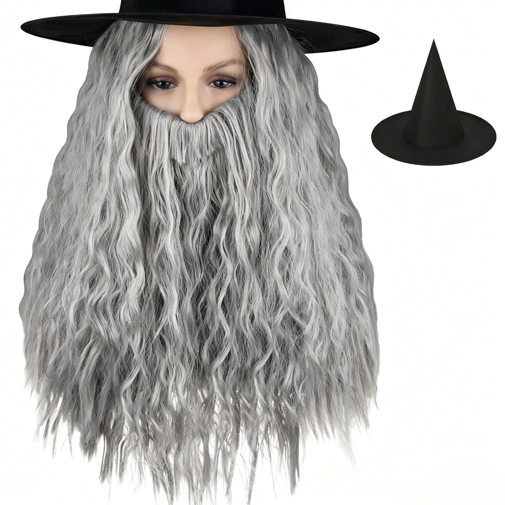 White/Grey/Brown Men Long Curly Hair Wig with Beard, Heat Resistant Synthetic, Classic Style, Men's Cosplay Wig