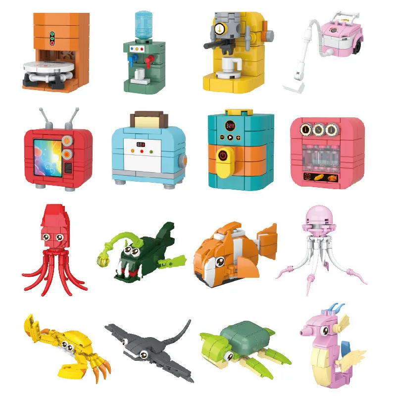 

Creative Building Blocks Children's Assembled Toys Household Appliances,Marine Organisms Crab Octopus Water Dispenser Radio MOC