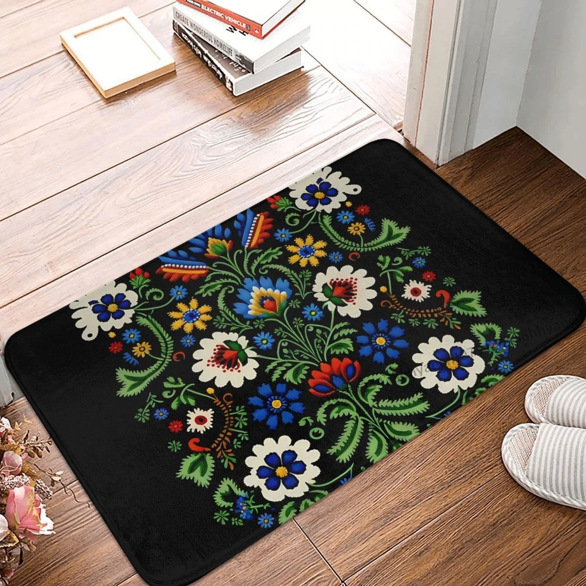 Mexican Portuguese Embroidered Flower Bath Non-Slip Carpet Blue Cream Flannel Mat Entrance Door Doormat Home Decor Rug