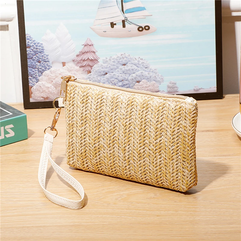 Weaving Bag Fashion Ladies Wristlet Clutch Women Daily Money Phone Clutch Solid Straw Woven Coin Purse Beach Wallet Card Bag