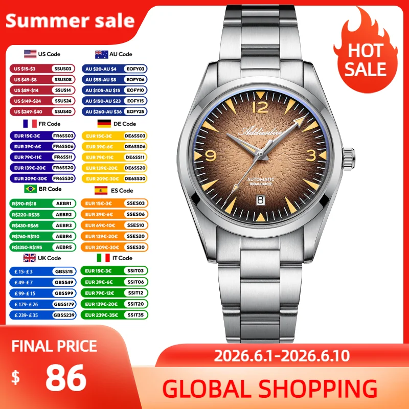 

ADDIESDIVE Advanced Men's Automatic Mechanical Watch 39mm Bubble Glass Diving Sport Steel Watches 100m Waterproof Luminous Watch