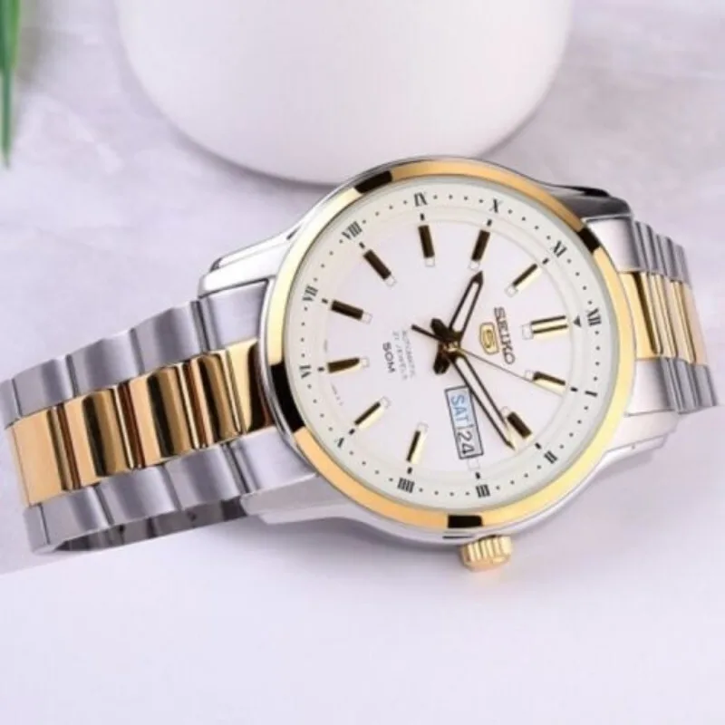 Seiko 5 SNKP14K1 Automatic Men Watch Two Tone Stainless Steel Bracelet Day Date 50M Water Resistant Dress Wristwatch watch