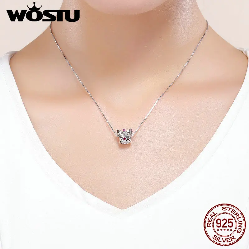 WOSTU 100% 925 スターリングシルバー女王の王冠ピンク CZ ビーズチャームフィットオリジナルブレスレット & ネックレス女性のファッションジュエリー CQC776