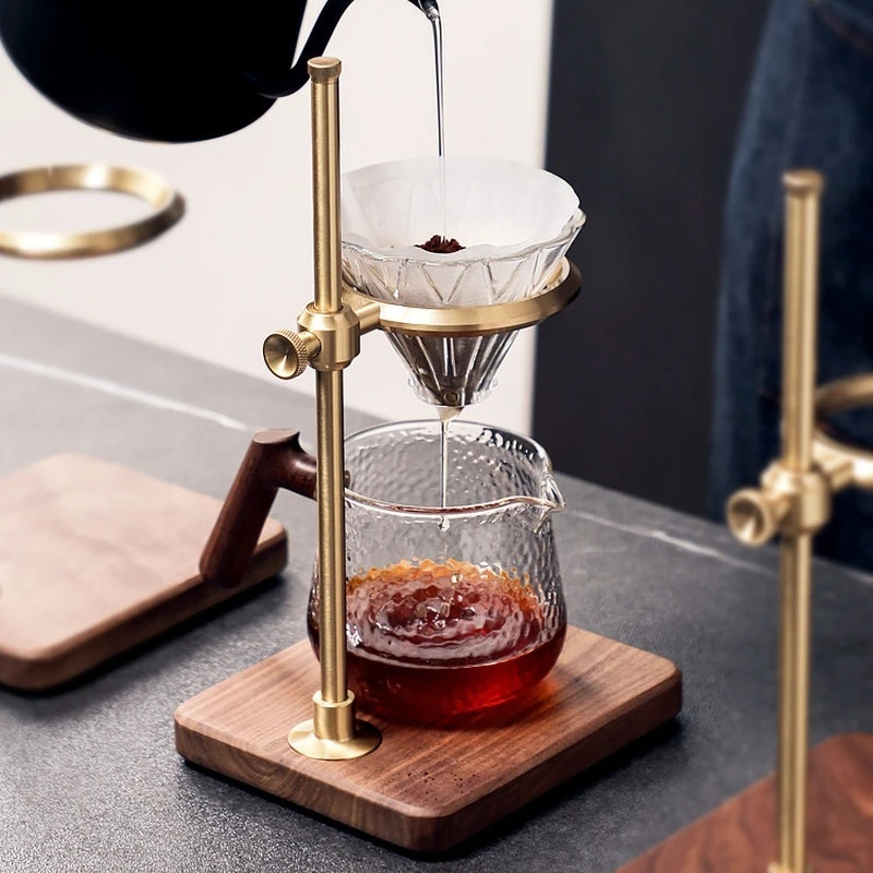 Hero Pour Over Coffee Set Adjustable Brass Stand Walnut Base Glass Dripper Coffee Server For Home Kitchen Cafe Office