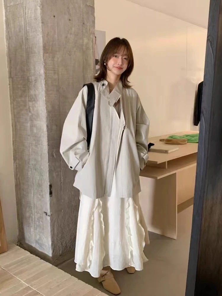

Chic Briti Sle Long Sve Mid-Length Jaet Stand Collar Loose Women's Coat Ele Commute Faion Autumn New Arrival