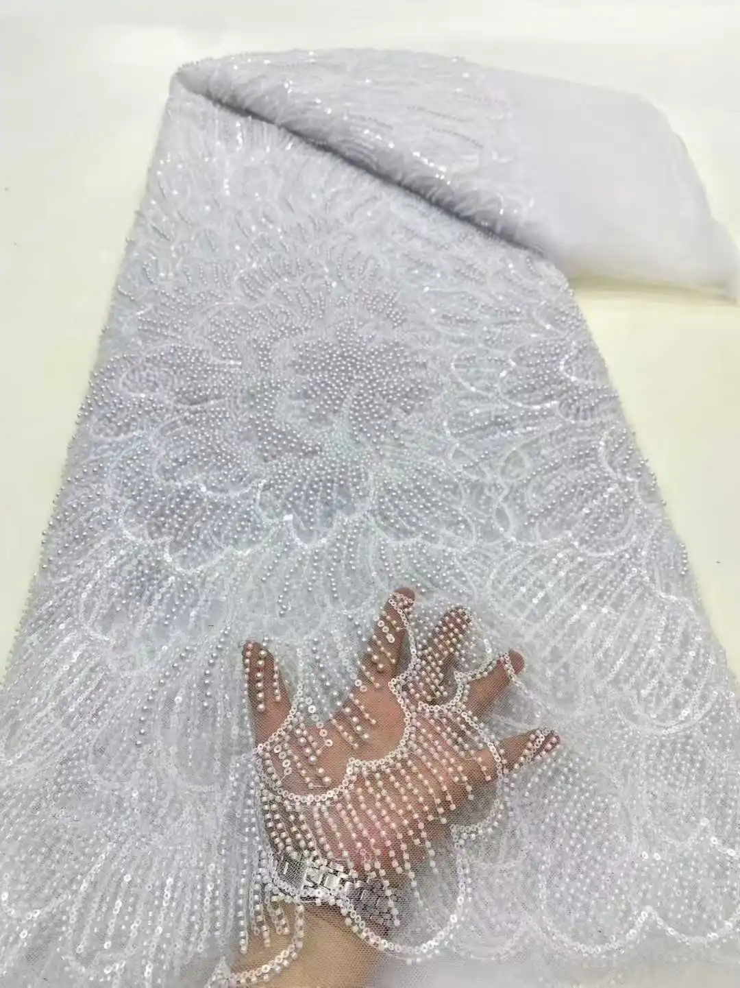 

White Sequence Nigerian African Mesh Lace Fabric 2025 High Quality Beaded African Tulle Fabric for Wedding Party Women Dresses