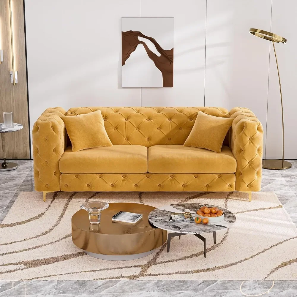 

Modern Velvet Sofa for Living Room, 75 Inches Long Tufted Couch, Upholstered Sofa with 2 Pillows Wide Armrest and Metal