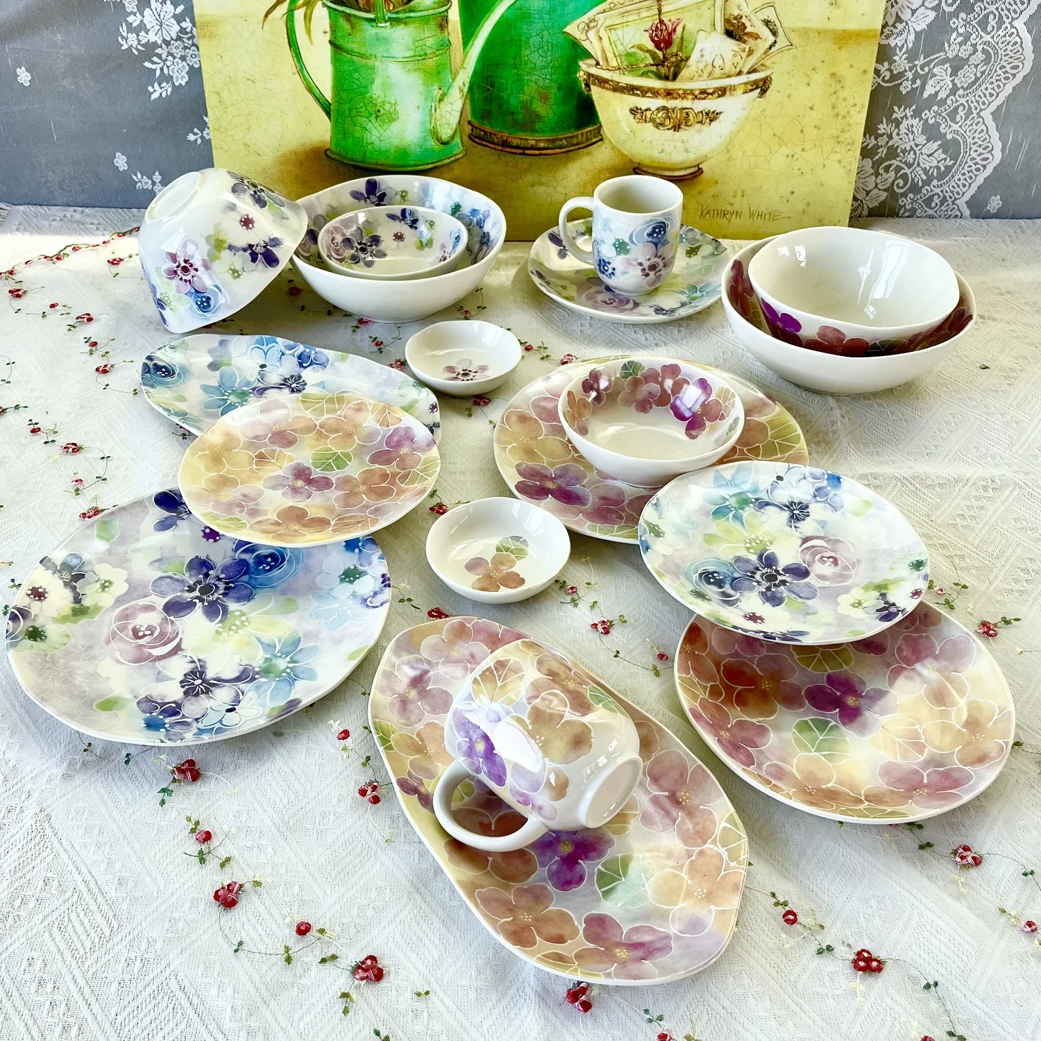 

Ceramic Tableware and Dishes Set Flowers Soup Bowl Salad Bowl Mug Purple Plate Dessert Plate
