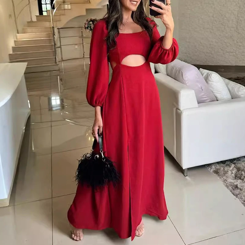 

Sexy Slim Pleated Party Dresses Elegant Square Neck Hollow Split Long Dress Spring Autumn Long Sleeved Solid Color Banquet Dress