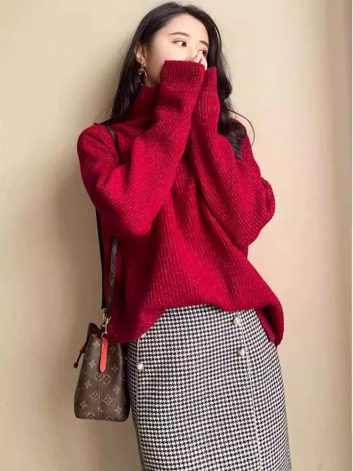 

Женский вязаный свитшот больших размеров с высоким воротом для осени и зимы, свободный, универсальный, с эффектом похудения, повседневный топ