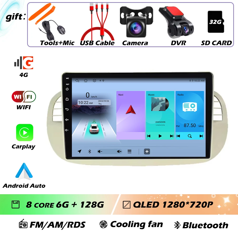 9 ''Android 16 Autoradio Stereo voor Fiat 500 2007-2015 met GPS Navigatie Stuurbediening Multimedia Carplay auto WIFI