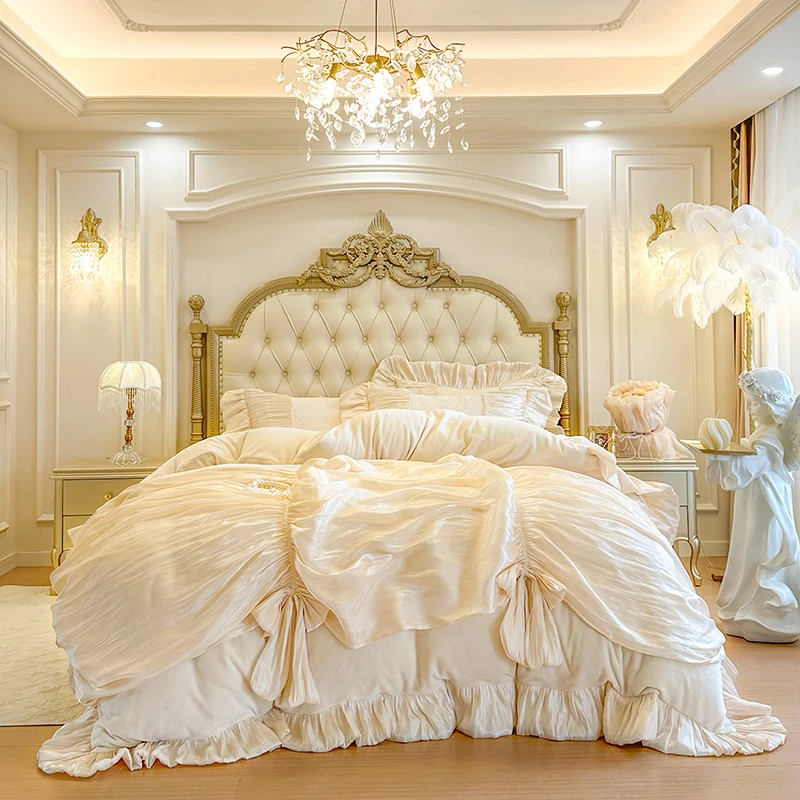 Luxury Velvet Soft Warm Winter Bedding Set Vintage French Wedding Princess Bow Ruffles Duvet Cover Bed Skirt Pillowcases 4/6Pcs
