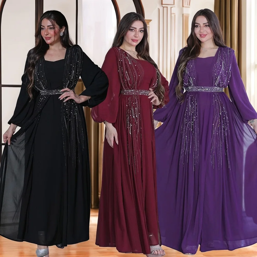In 2026, Muslim Women's Abayas in Dubai. Arabian Abayas, Fashionable Evening Dresses with Rhinestones and A Belt, Long Gowns.