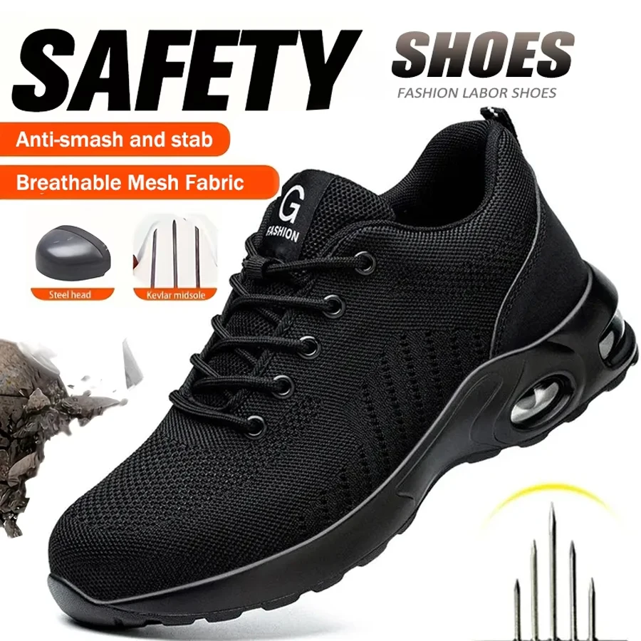 Fashion Air Cushion Work Shoes Lightweight Breathable Safety Shoes Women Steel Toe Anti-Impact And Anti-Piercing Work Shoes