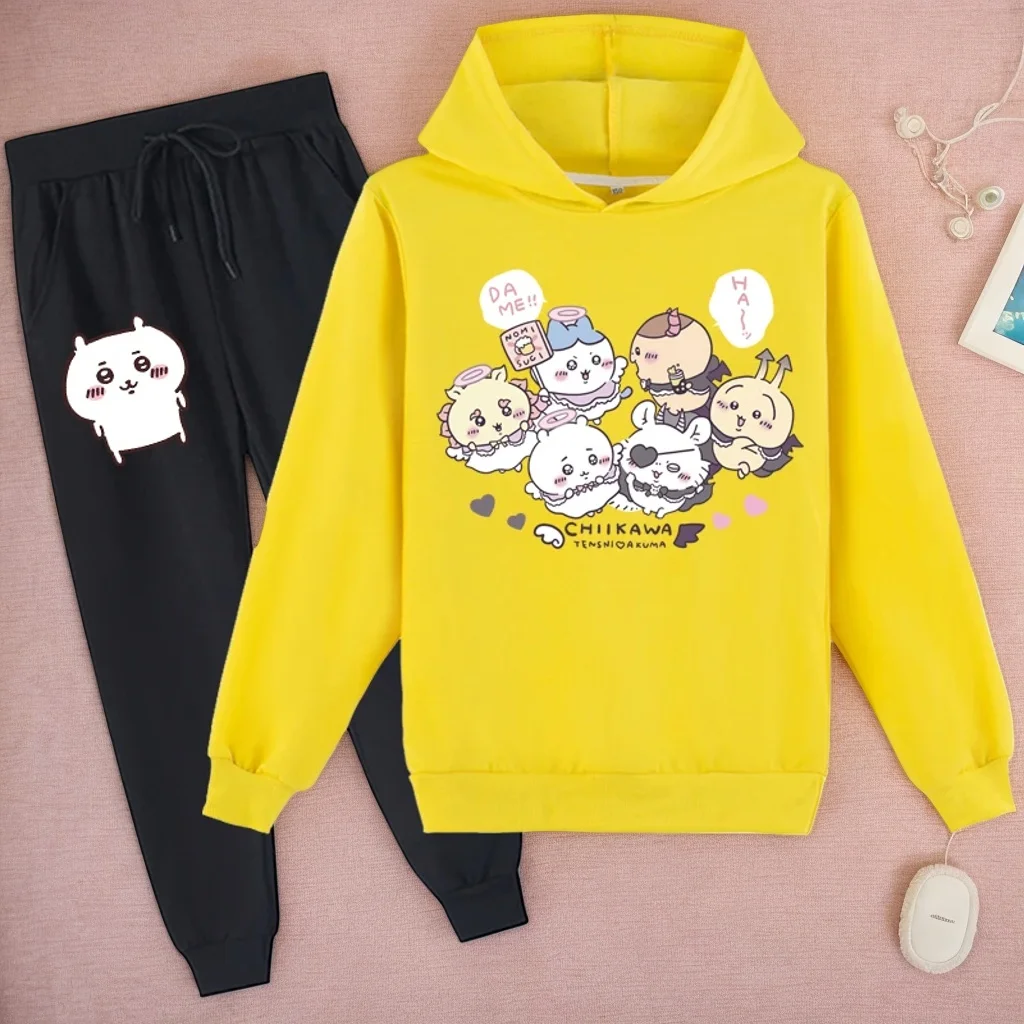 Little Kid Chiikawa Jersey suelto sudadera y pantalones para correr conjunto de 2 piezas, camisetas de manga larga de otoño sudaderas con capucha ligeras para 2-14 años