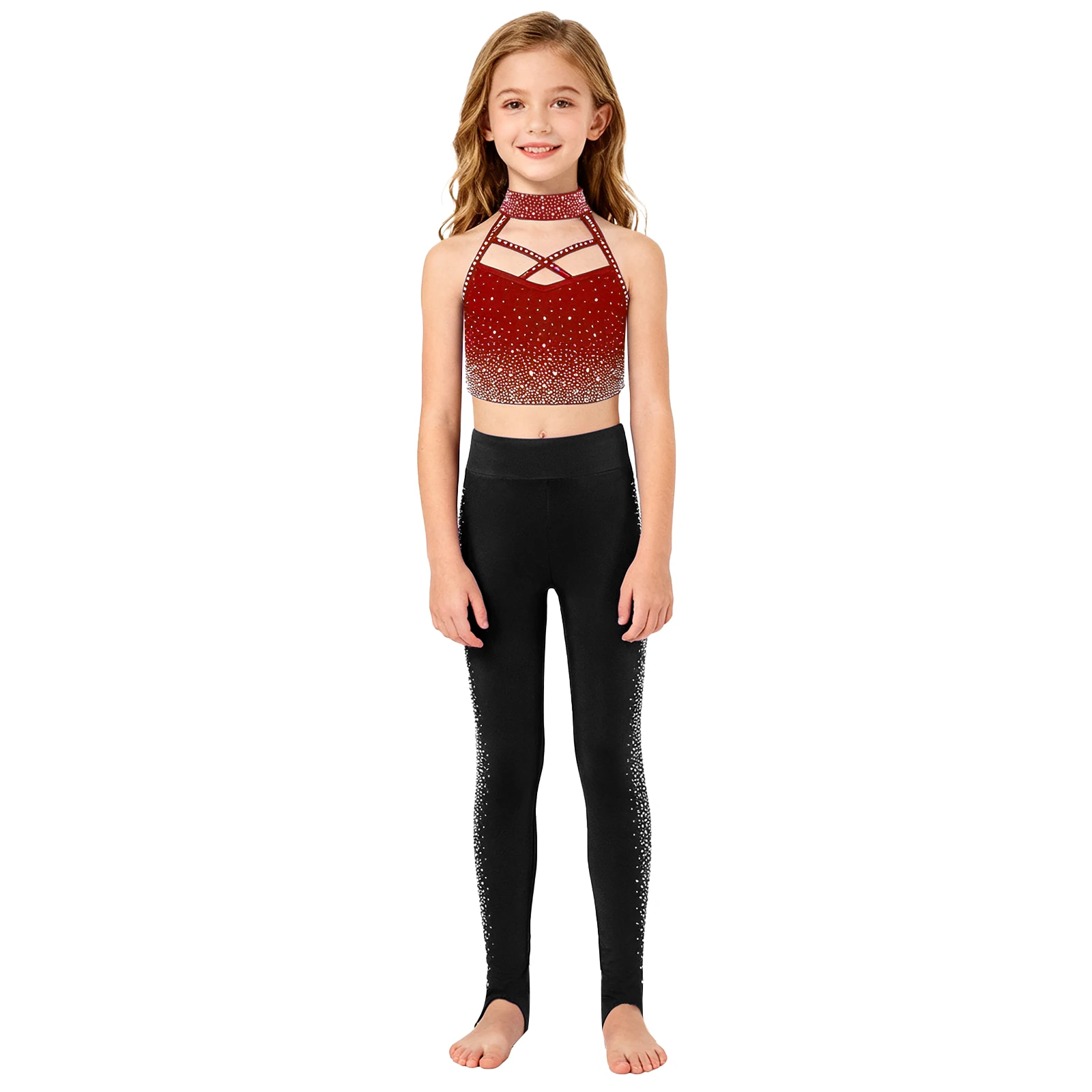 

Girls Sparkly Rhinestones Ballet Dance Outfits Figure Skating Gymnastics Performance Costume Halter Crop Top Vest with Leggings