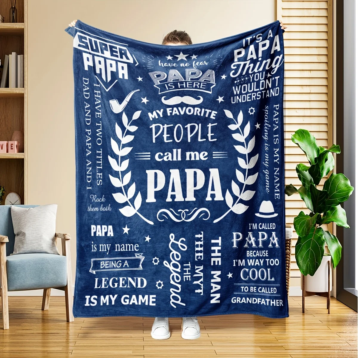 Super Papa Flannel Throw Blanket - Gift for Grandpa, Father’s Day & Birthday | Soft, Warm & Cozy | Machine Washable | Blue with