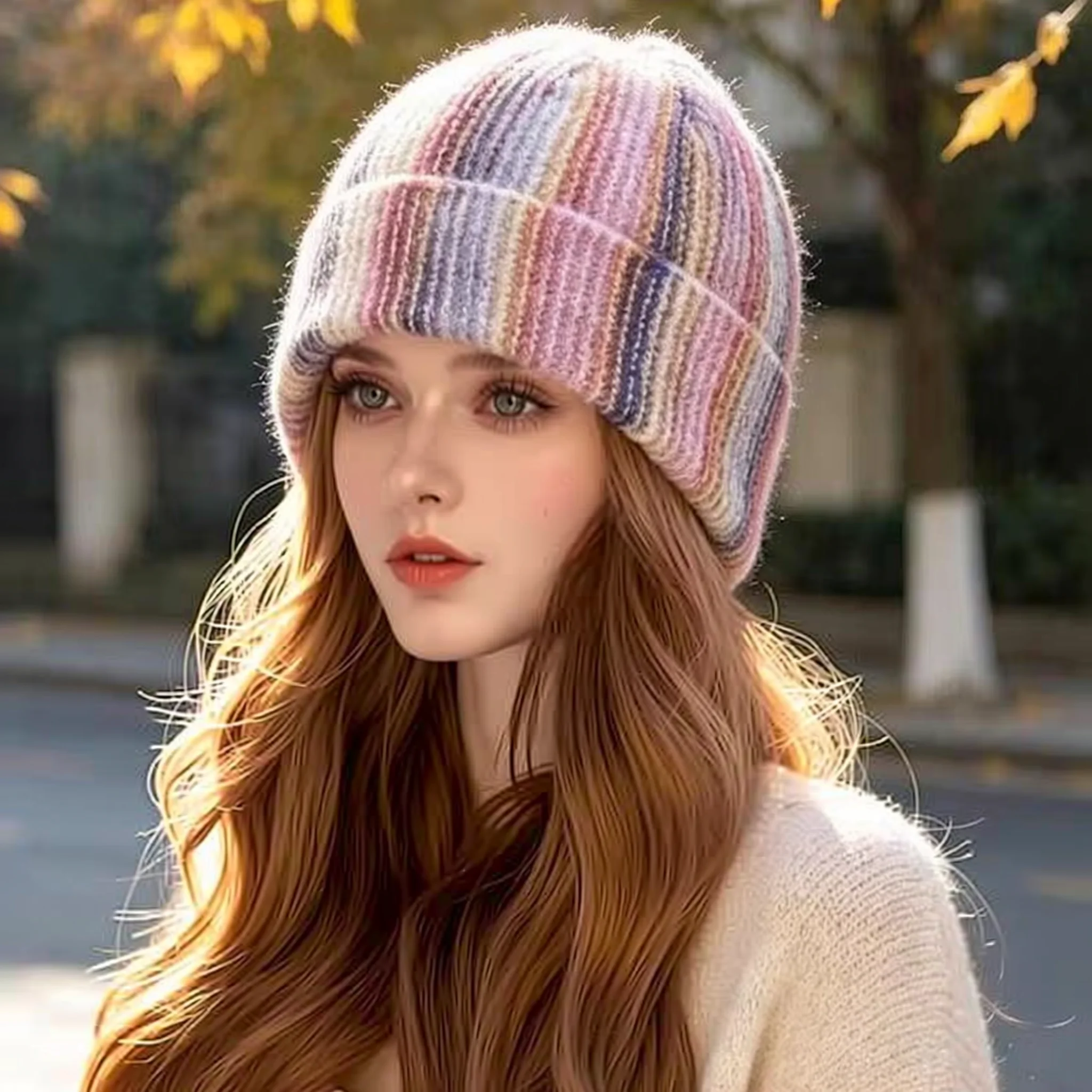 Gradient Tie Dye Dyed Yarn Beanie, Retro Striped Knitted Cold Weather Hat, Warm Headwrap Cap, Women Versatile Hat for Daily