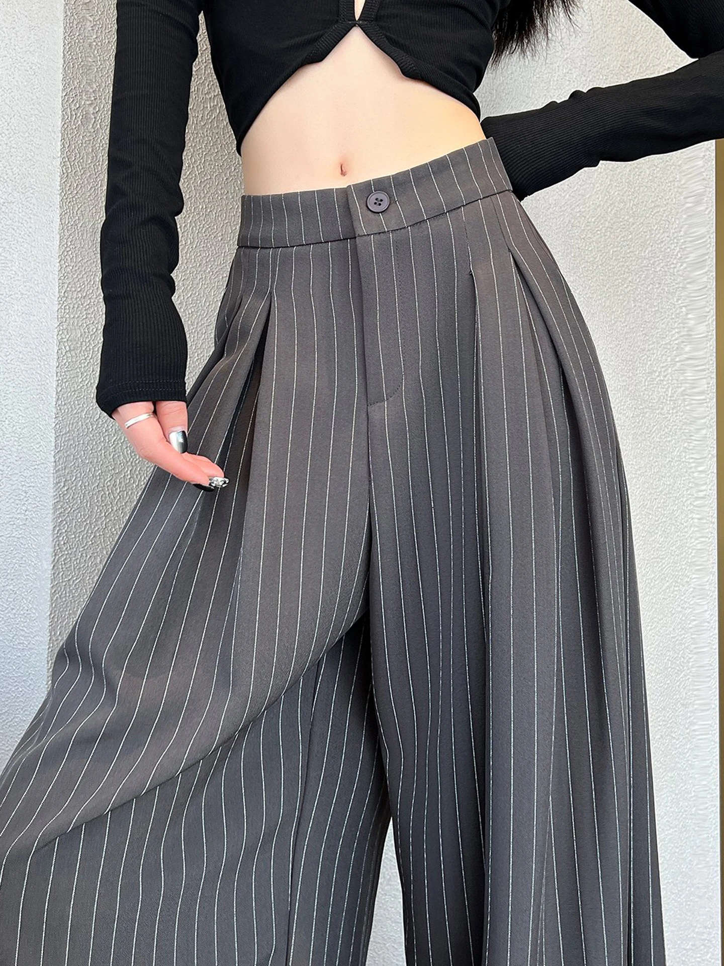 

Gray Striped Women's Suit Pants Summer Thin High Waist Wide Leg Casual Floor-Length Loose Straight Cut Trousers