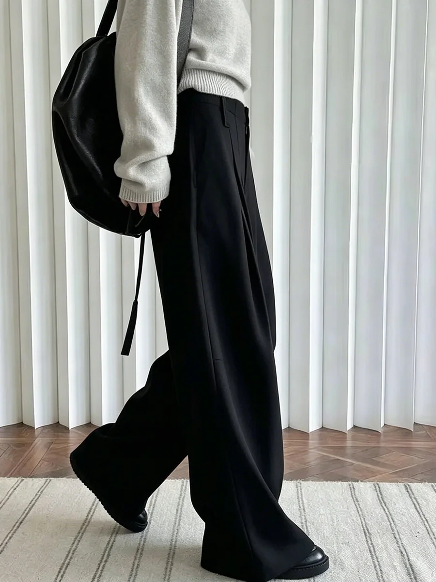 LIMO 2025 hiver nouveau épais chaud pantalon pour femmes taille haute plissé jambe large pantalon bureau dame vêtements minimalisme