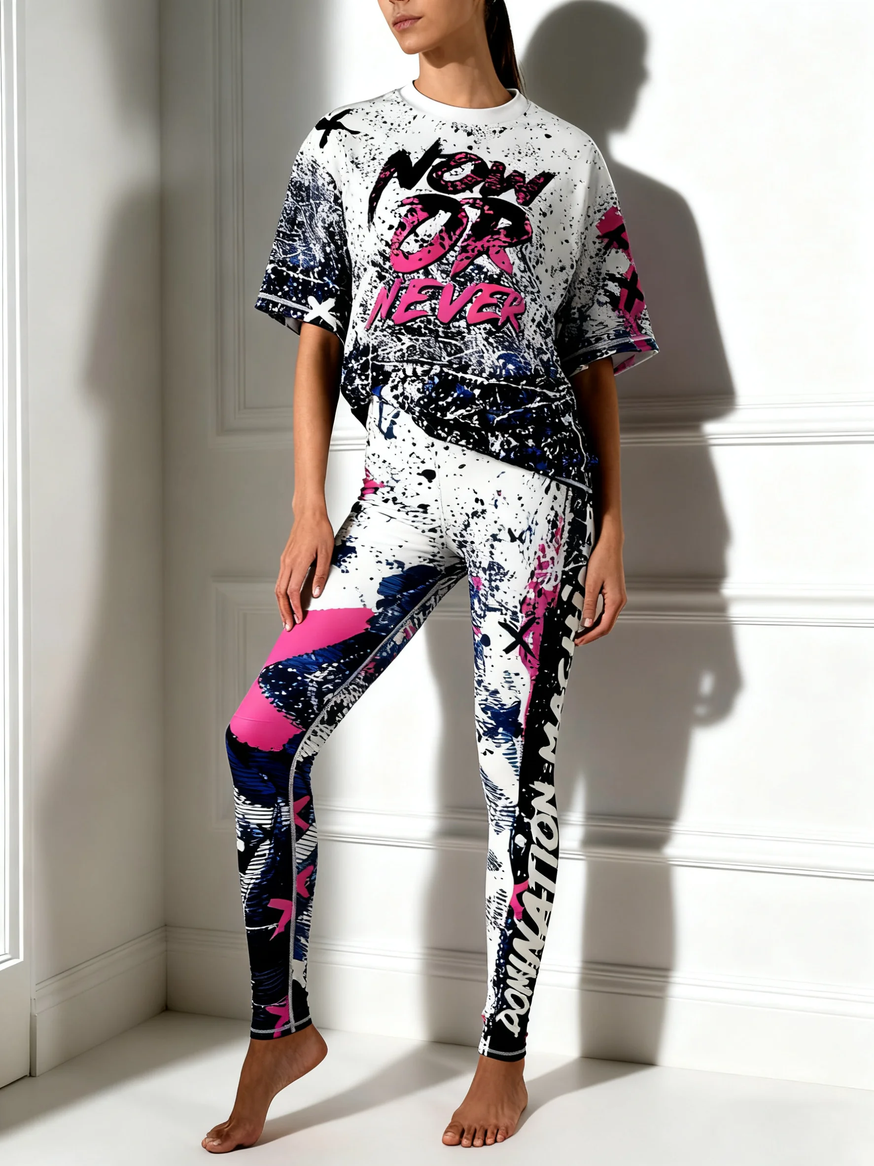 

Women's 2 Piece Yoga Outfit, Oversized Graphic T-Shirt + High Waist Leggings Set Streetwear Activewear for Gym, Running, Fitness