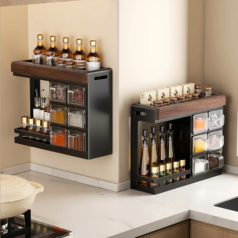 Walnut Wood Kitchen Spice Rack Wall-Mounted Seasoning Box and Jar Storage Unit Household Spice Organiser