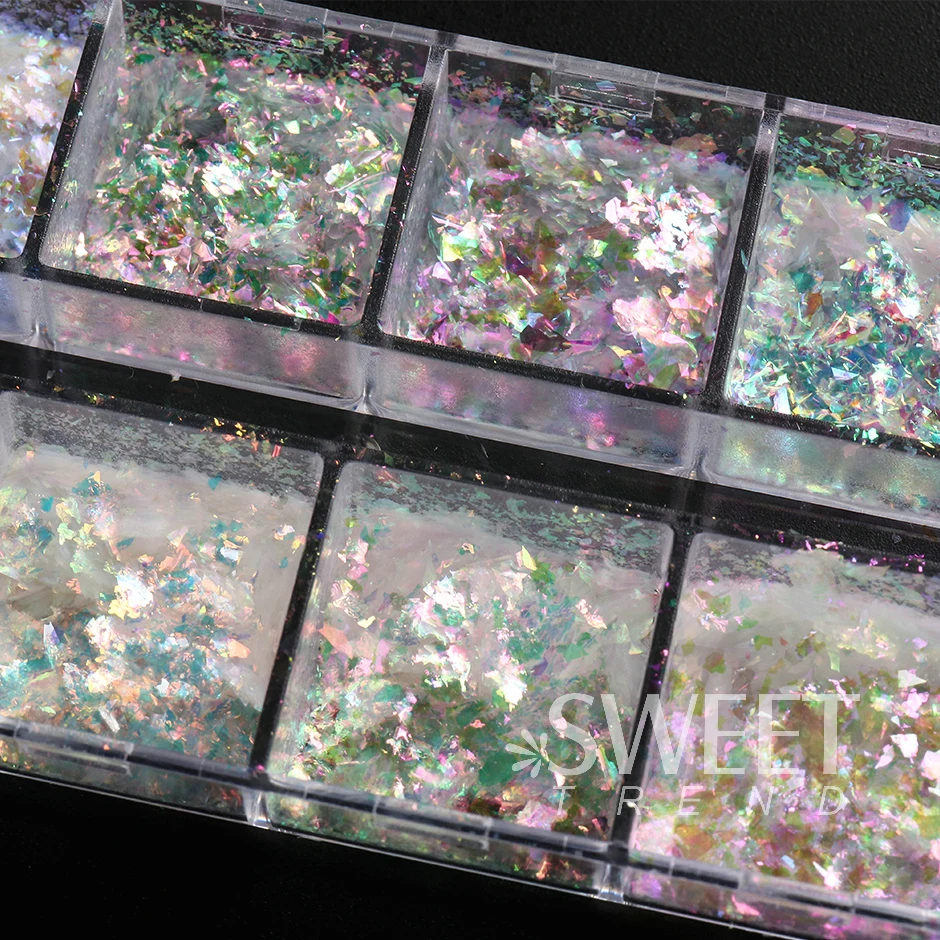 12 Gitter, schillernde Kristallnägel, Aurora-Glitzer, Feuerflocken, holografische glitzernde Pailletten, Charms, Gel-Nagellack, Maniküre, Flash-Dekor