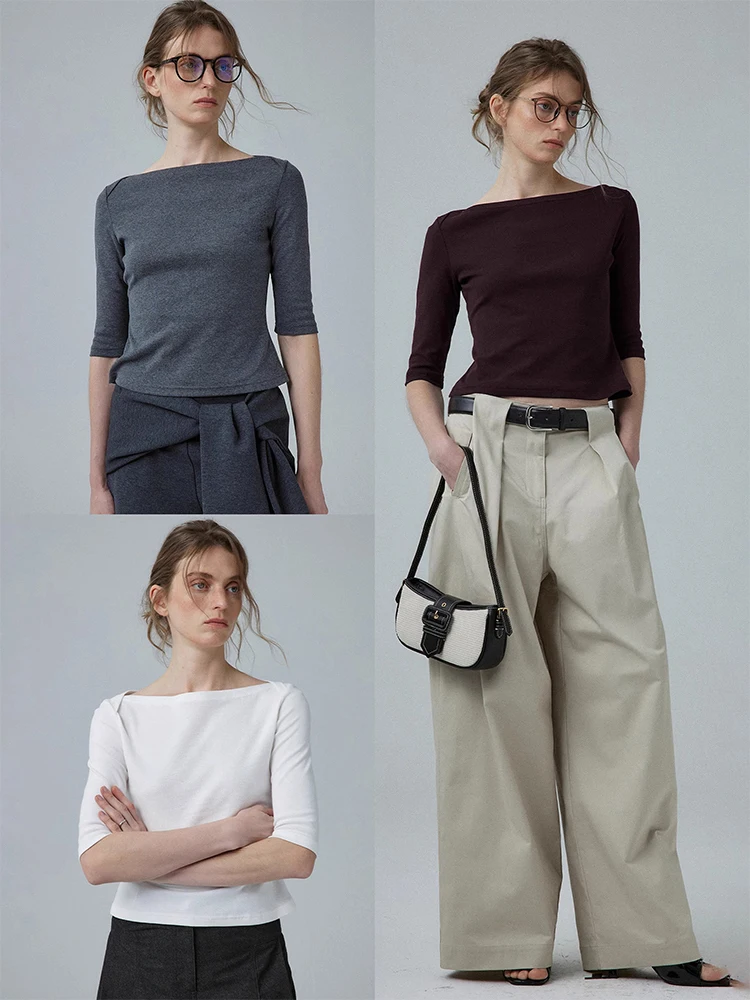 

Summer Casual Sle Slim Fit mid Sve Crew Ne Sailing Collar T-irt Women's Faionable Base Layer ey Top