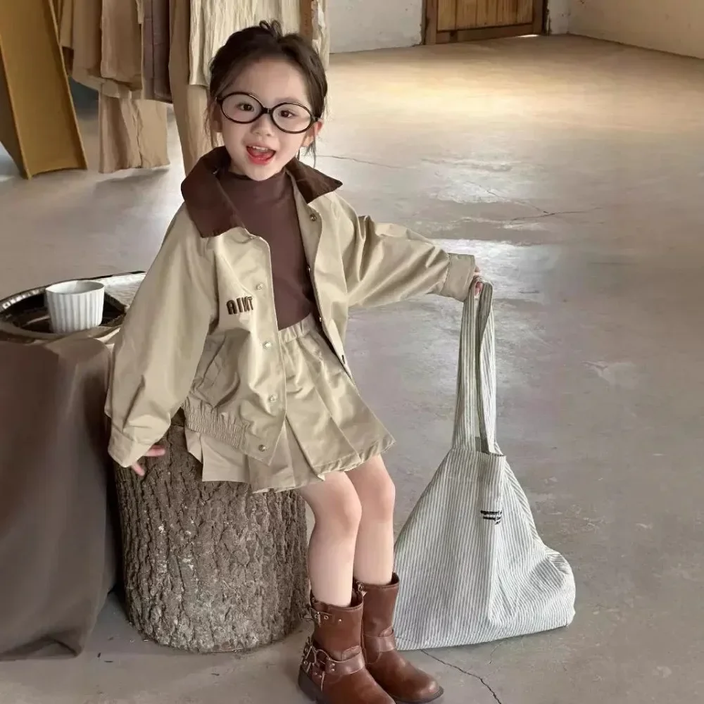 Korean Style Khaki Trendy Girls Clothes Spring and Autumn Long Sleeved Jacket + Short Skirt Two-piece Set Children Casual Outfit