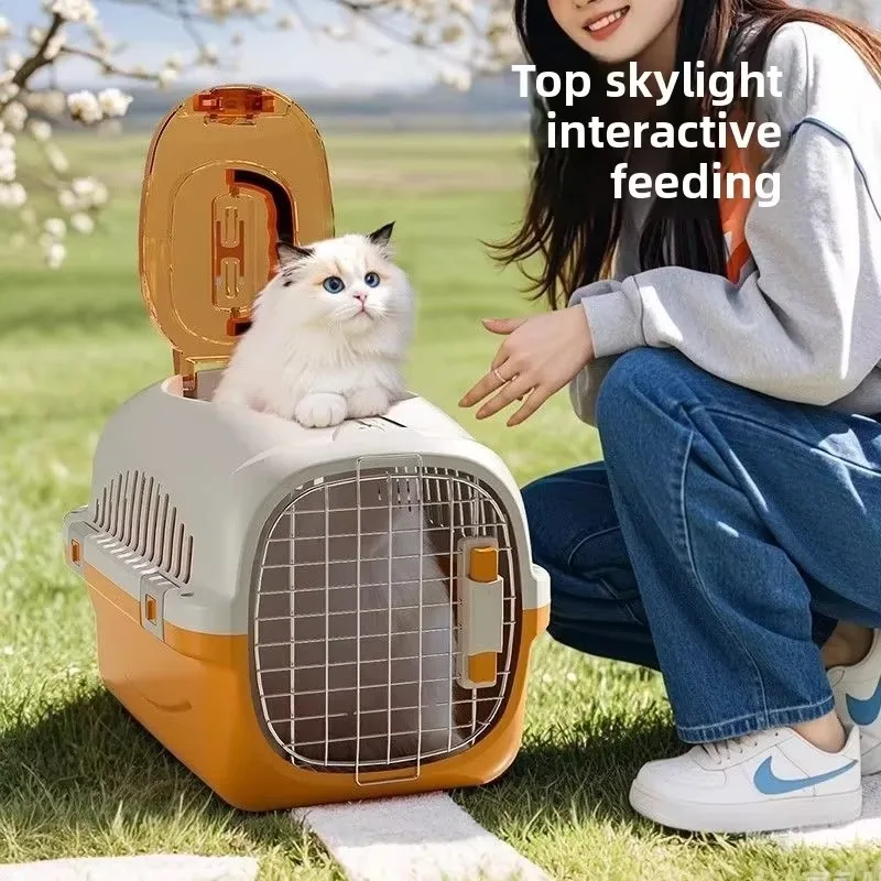 FurStarBreathable Air Box, Cat-specific Cat Going Out, Portable Cat Cage, Checked Anti-stress Car Dog Cage With Sunroof Pet Box