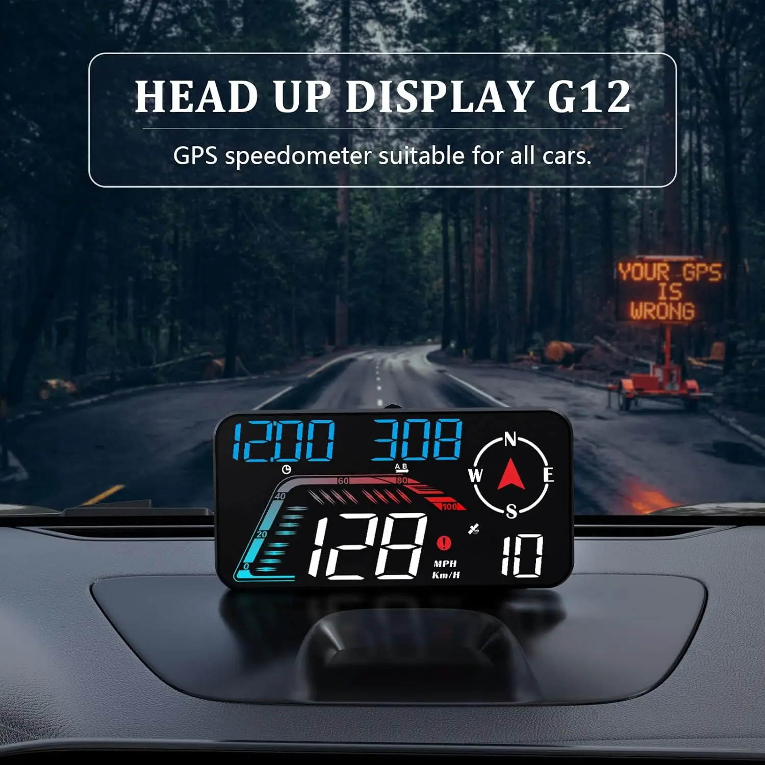 

GPS HUD Digital Speedometer Plug and Play for All Cars Big Font KMH MPH Mileage Local Time Altitude Head-up Display G12