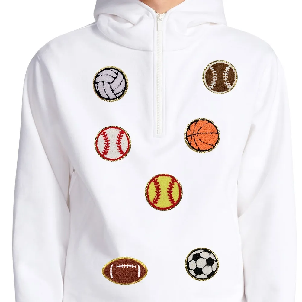 5PCS Balls Game Clothing Iron on Patches Embroidered Baseball Basketball Applique Towel Chenille Gold Edged Badge Sticker