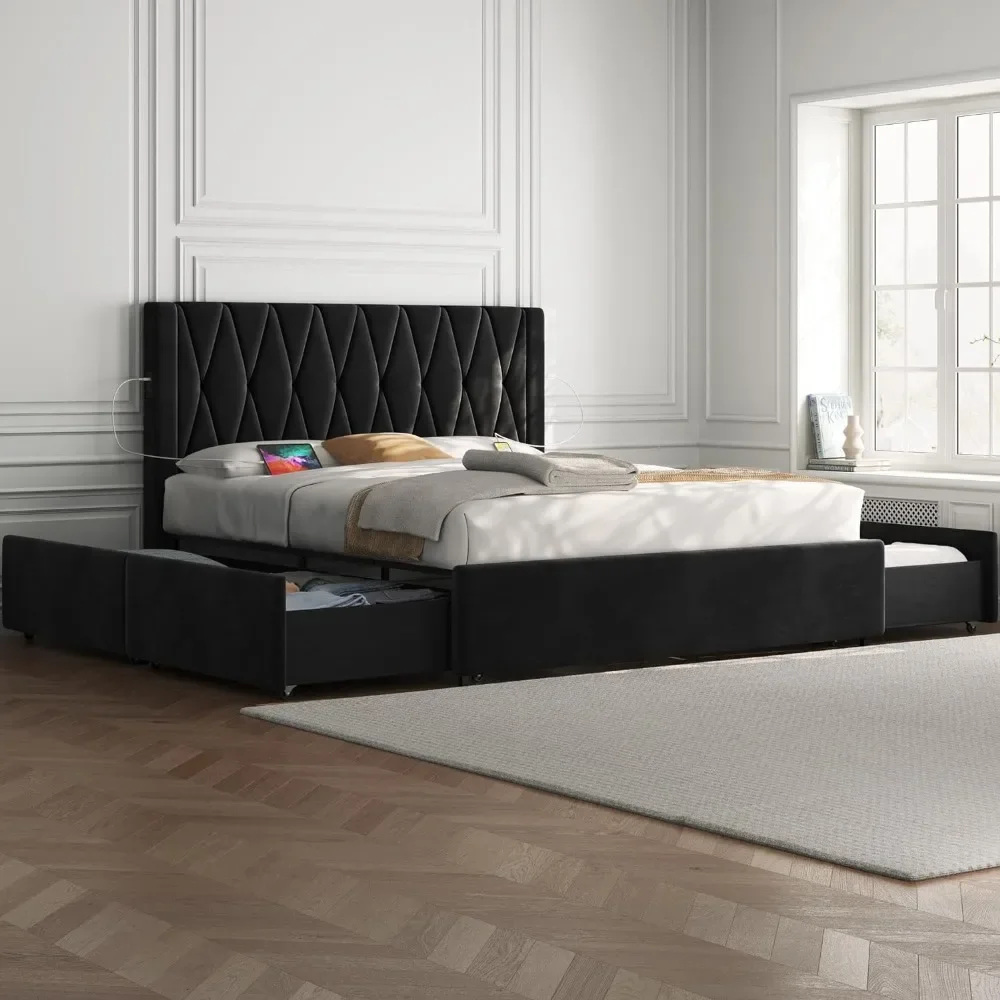 

Queen Size Bed Frame with USB Charging Station, Diamond Tufted Headboard, Mattress Foundation, Strong Wooden Slats, Bed Frame