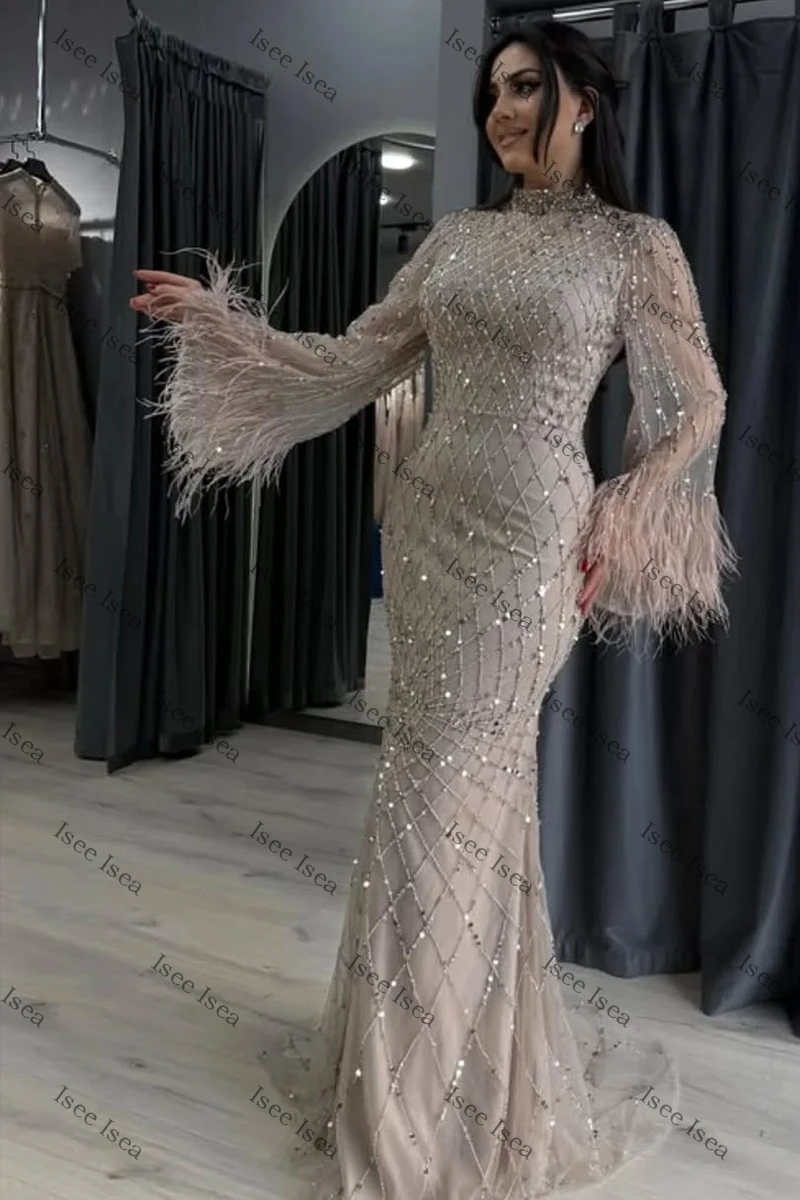 Robe de soirée vert sauge, manches longues, robe de Gala, style sirène, rose, romantique, paillettes, Maxi, col rond, robe de bal personnalisée