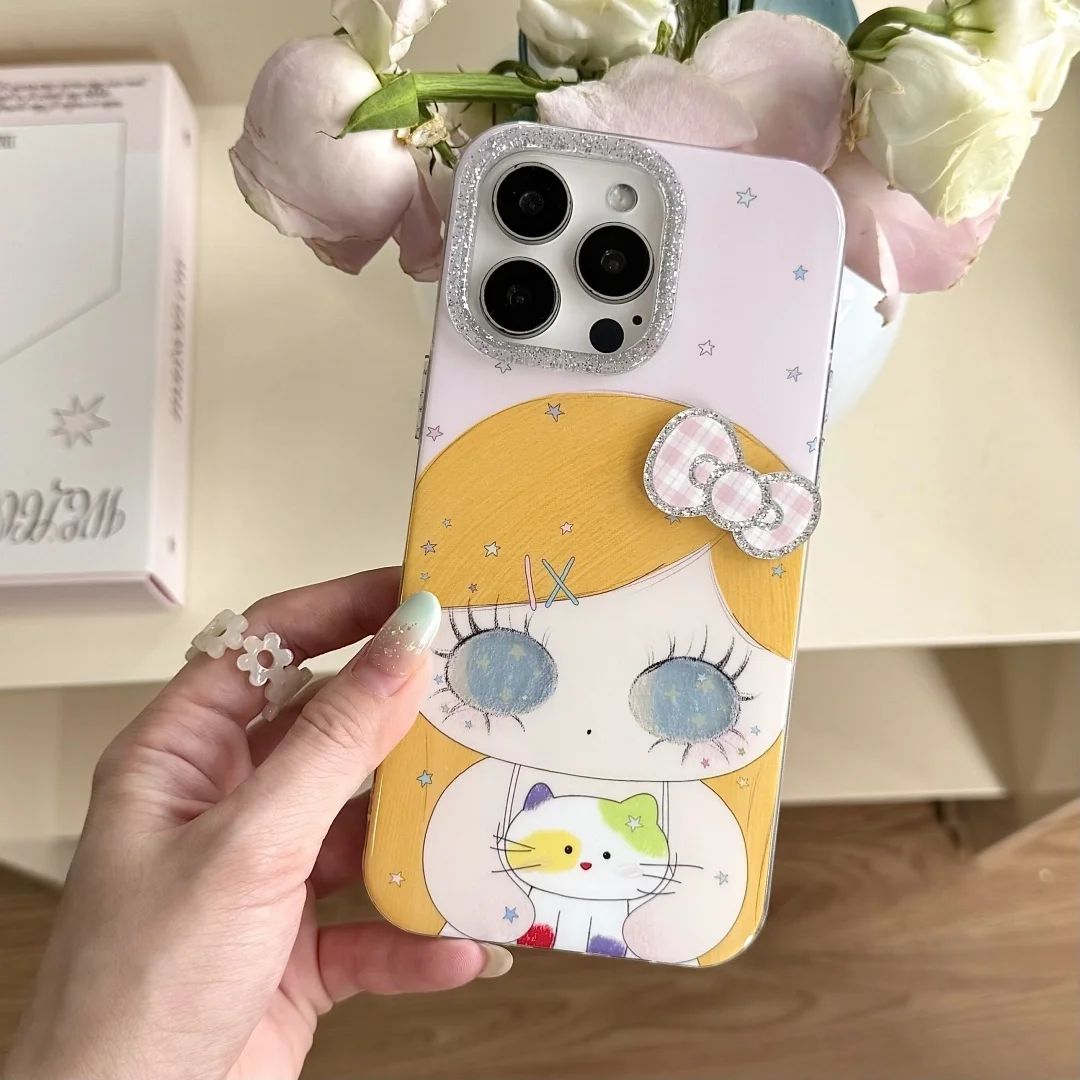 

Anime Yellow Hair Girls Lovely Glitter lens Camera Protection Phone Case For iPhone 16 15 14 13 Pro Max Cute Cover Coque