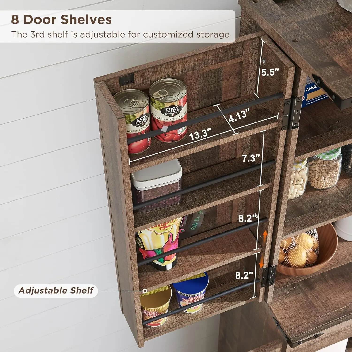 72" Tall Kitchen Pantry, Farmhouse Storage Cabinet with Barn Doors, Organizer, Drawer & Adjustable Shelves, Rustic Brown.