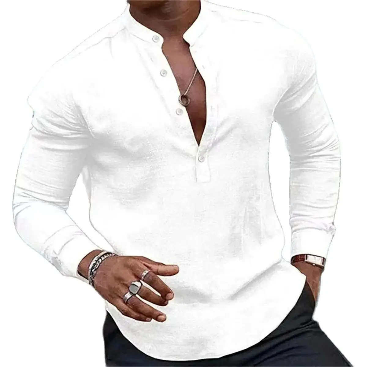 New Solid Color Fashion 4-Button Men\'s Long Sleeve Shirt Button Shirt Loose Henley V-neck Beach Top T-shirt High Quality Fabric