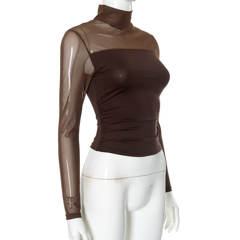 2025 New Women's Spring Autumn Collection Solid Color Tops Y2K Streetwear Slim Half High Neck Mesh Splicing Sexy Women T-shirts