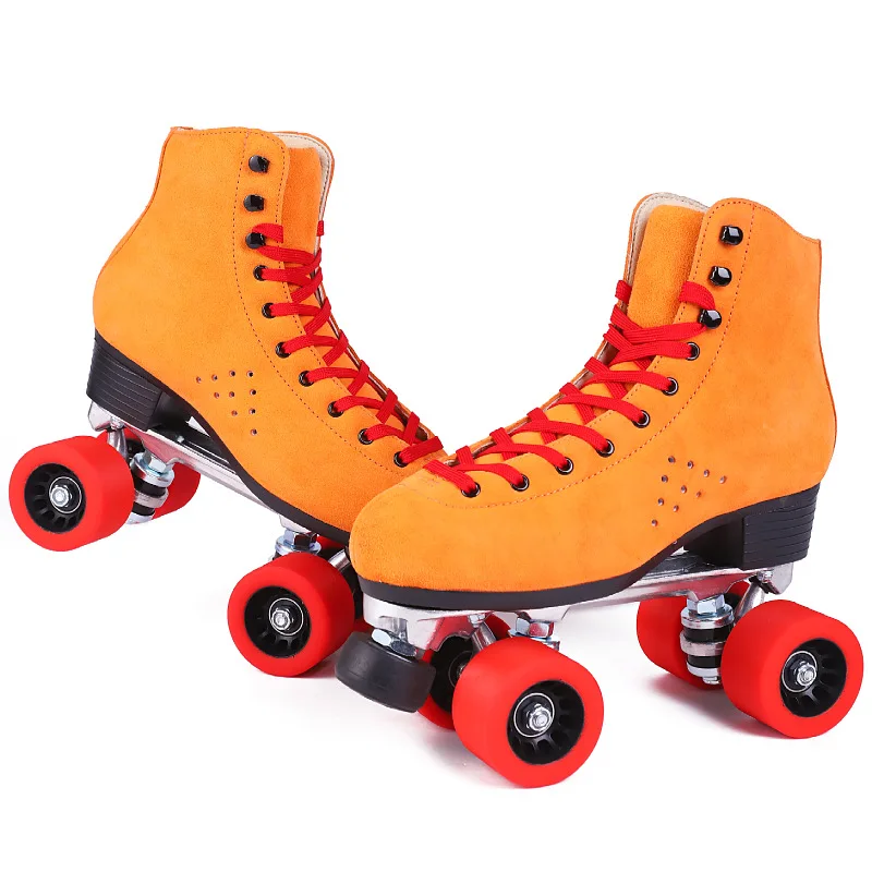 Unisex Double Line Skate Quad Roller Skates Retro Suede Leather Patines Skating Boots Candy Color Large Size Skate Shoes