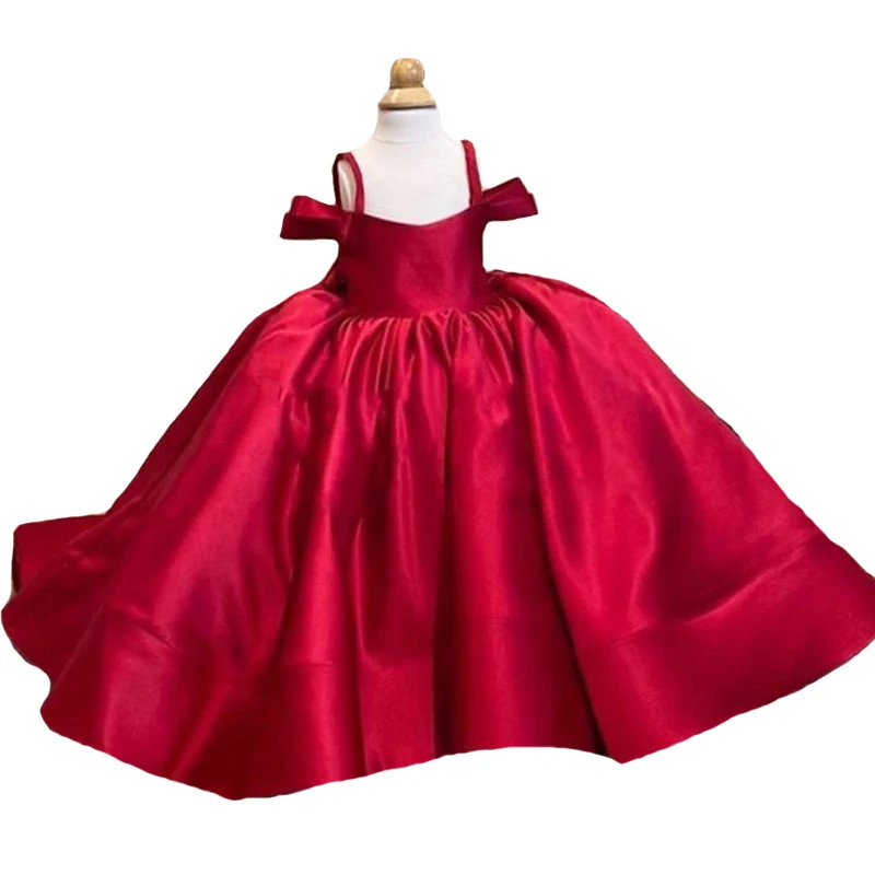 Abito da damigella d'onore Junior in raso di lunghezza del pavimento rosa rosso estivo personalizzato per la cerimonia nuziale abito da principessa per la festa di compleanno 1-14