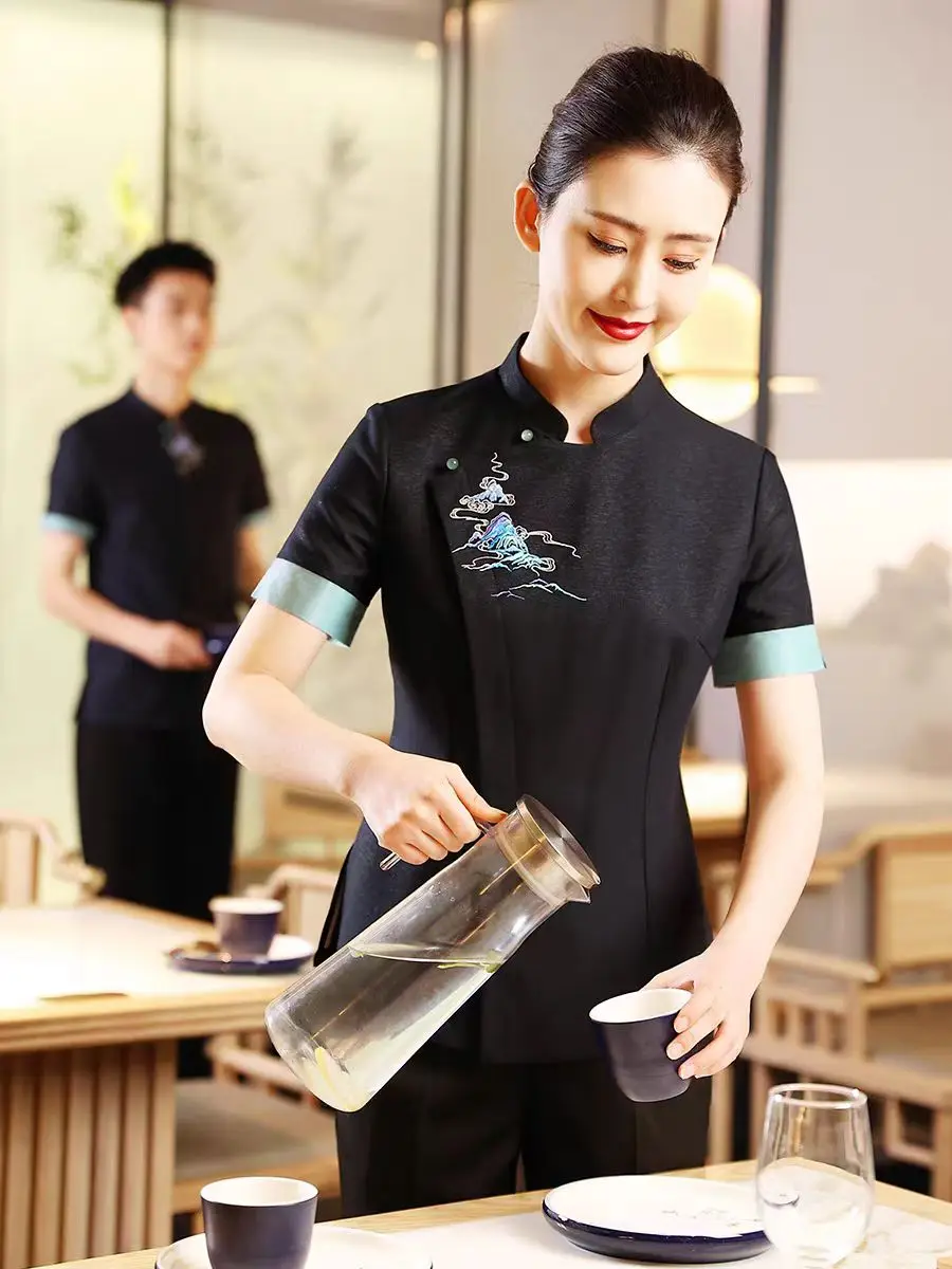 Vêtements de travail d'hôtel à manches courtes, uniforme de restaurant chinois, ensemble haut et pantalon, vêtements de travail attribuables Hotpot, vente en gros