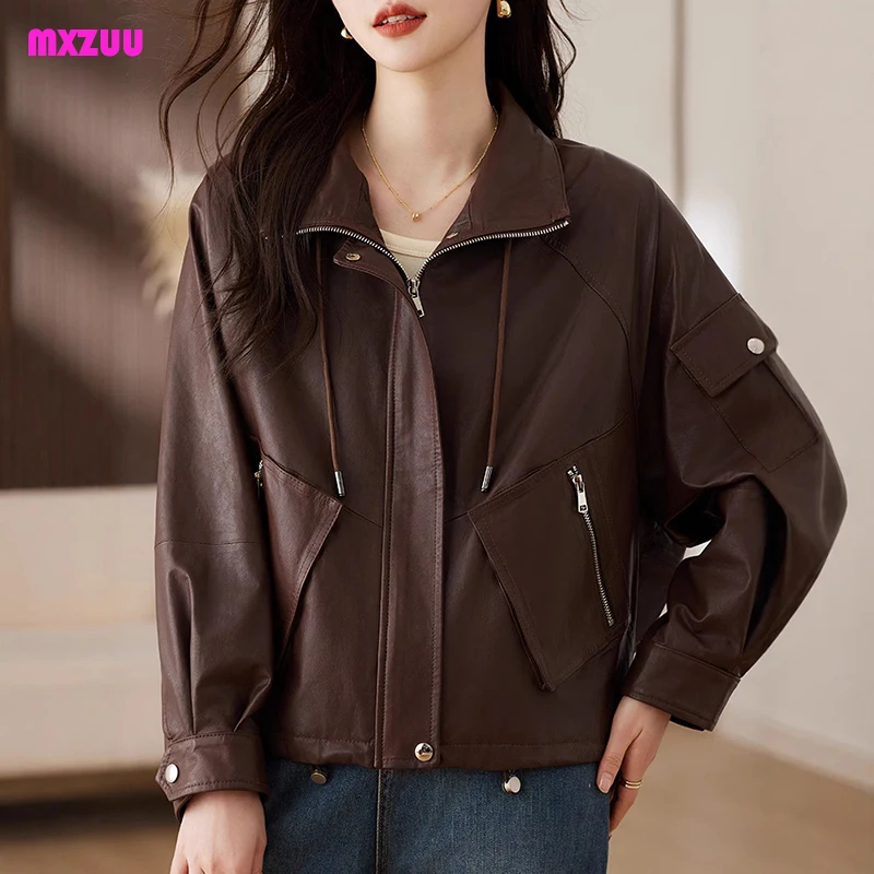 Women's Genuine Leather Jacket Autumn Maillard Color Lapel Zipper Drawstring Loose Casual Short Sheepskin Coat Fashion Casaco