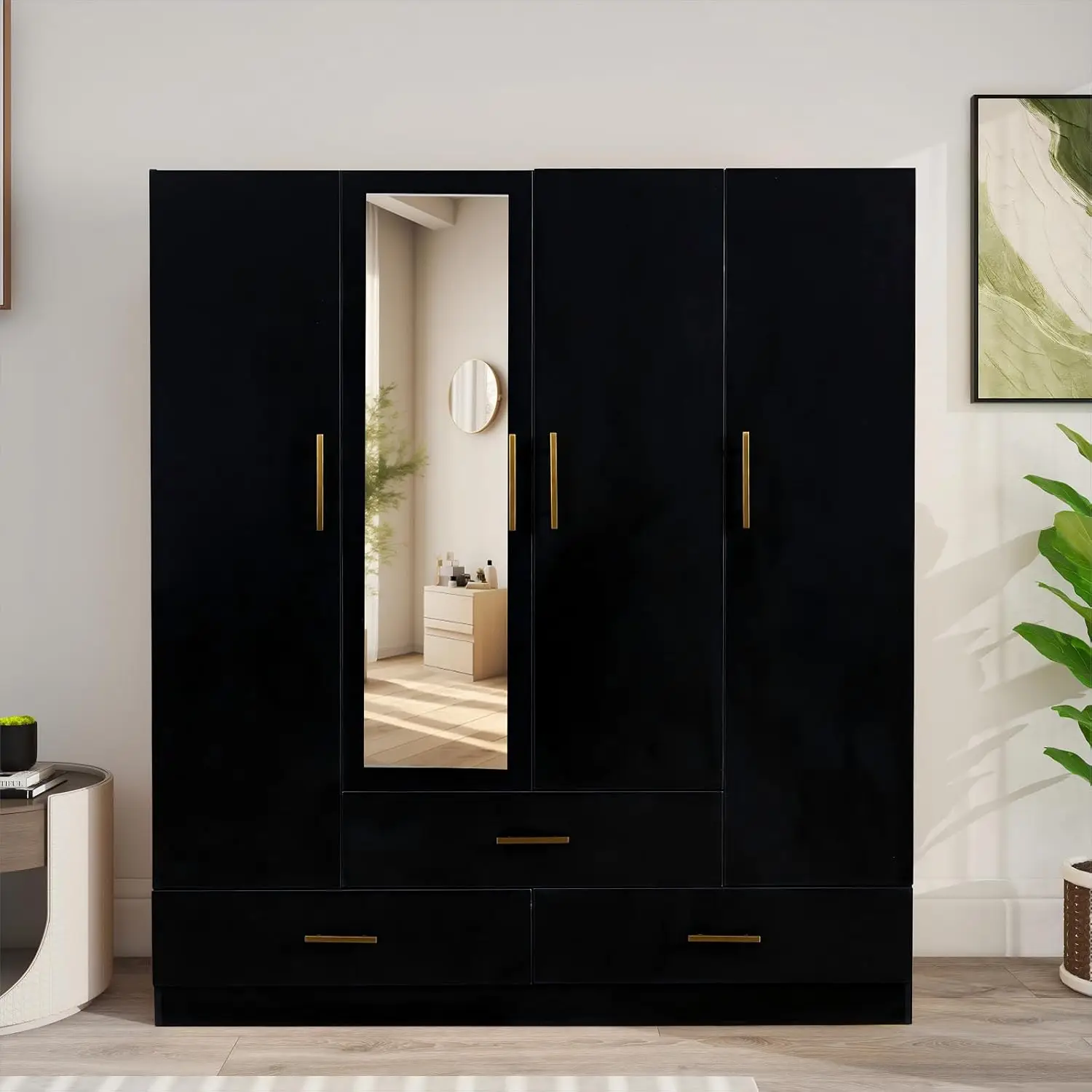 Armario con puerta, armario de 4 puertas, armario de madera con barra para ropa, gabinete interior, almacenamiento y espejo, armario de dormitorio negro