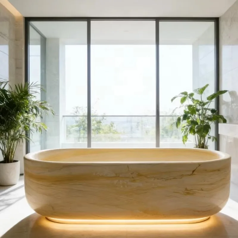 Modern Golden Marble Freestanding Bathtub Luxury Natural Yellow Stone Soaking Tub Solid Stone Bath For Villa And Hotel