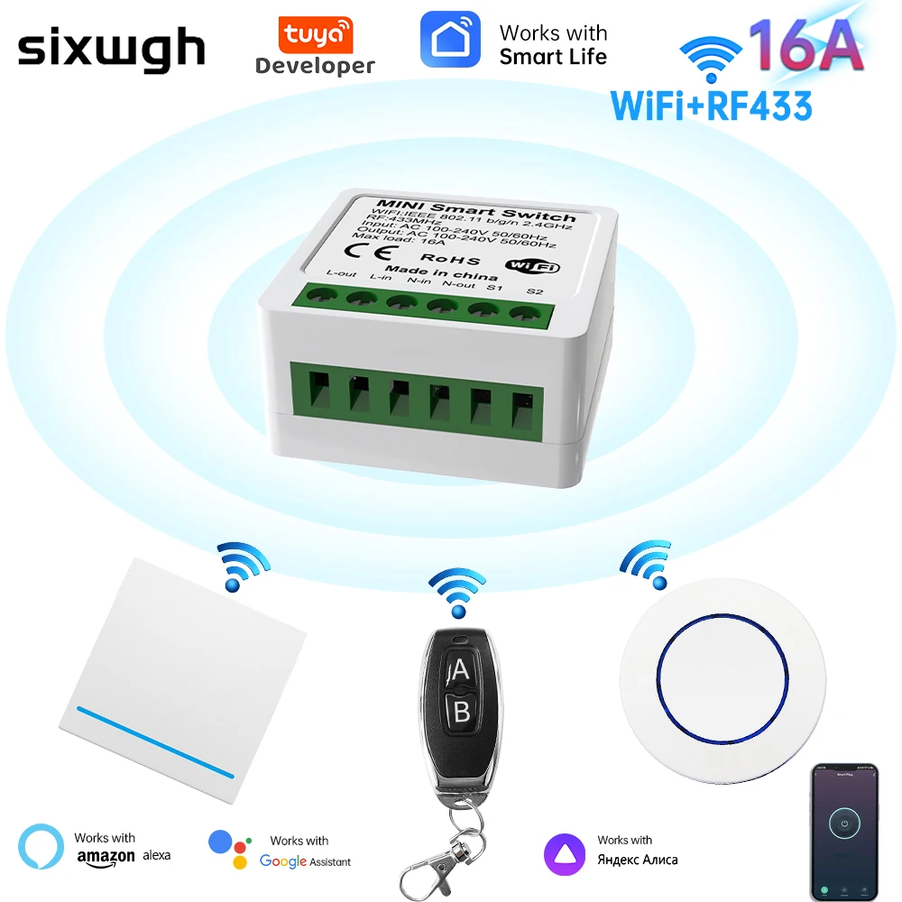

SIXWGH 16A WiFi Intelligent Relay Tuya+RF433 Supportsremote APP Control +Voice Controland Alexa Google Home Compatibility