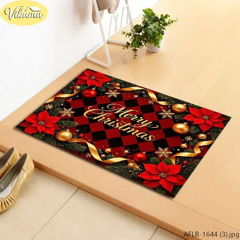 VIKAMA Christmas Welcome Doormat Christmas Ball Pine Branch Print Non-Slip Absorbent Entryway Mat, Xmas New Year 2026 Home Decor