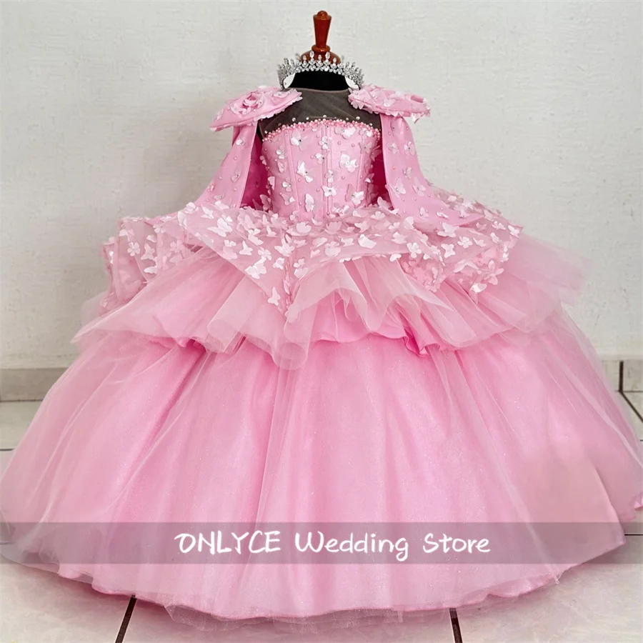 

Pink Princess Tulle Ball Gowns Flower Girls Dress Tiered 3D Butterfly Appliques Cute Child Birthday Party Gown Kids Pageant