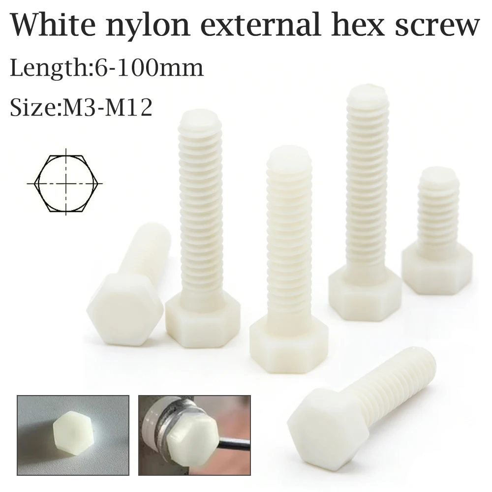 1-50pcs 3-110mm M3-M12 White Nylon Hex Bolts, Plastic Metric Insulated Screws for Industrial & DIY Home Projects