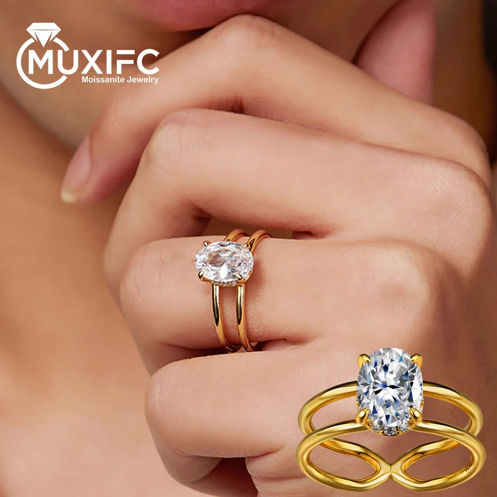 

MUXIFC 2CT Oval Cut Moissanite Bridal Ring for Women 925 Sterling Silver Plated 18k Gold D Color Charms Wedding Band With GRA