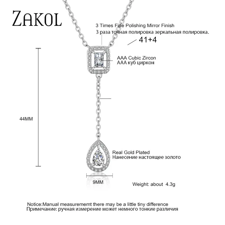 ZAKOLSimple square drop-shaped zirconia pendant Charm necklace fashion jewelry wedding for bride  Gift For Girlfriend FSNP2068